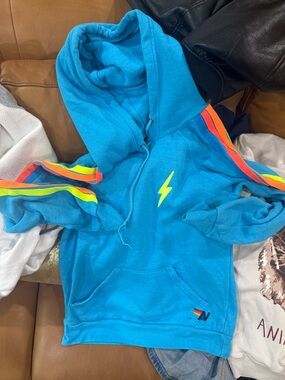 Aviator Nation Blue Hoodie with Vibrant Stripes XS